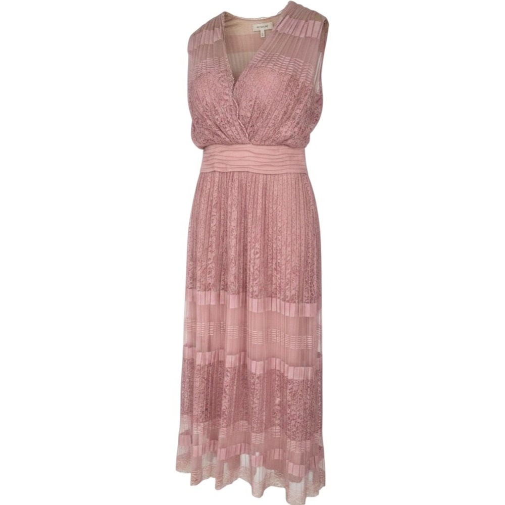 Tadashi Shoji Pink Lace Pleated Tulle V Neck Maxi Gown Dress Womens 14 Romantic